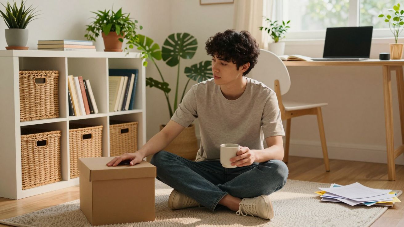Jeune homme assis par terre avec une tasse, regardant une boîte en carton dans un salon lumineux et ordonné.