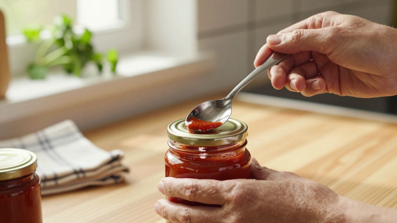 Mains ouvrant un bocal de sauce tomate avec une cuillère dans une cuisine lumineuse.