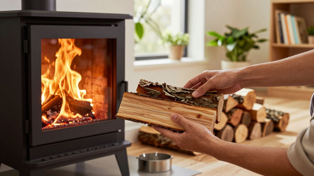 Personne tenant du bois de chauffage devant un poêle à bois allumé dans un salon lumineux.