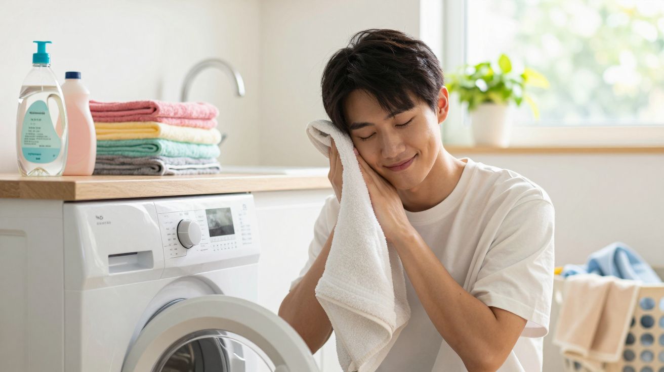 Jeune homme souriant essuyant son visage avec une serviette dans une buanderie lumineuse près d'une machine à laver.
