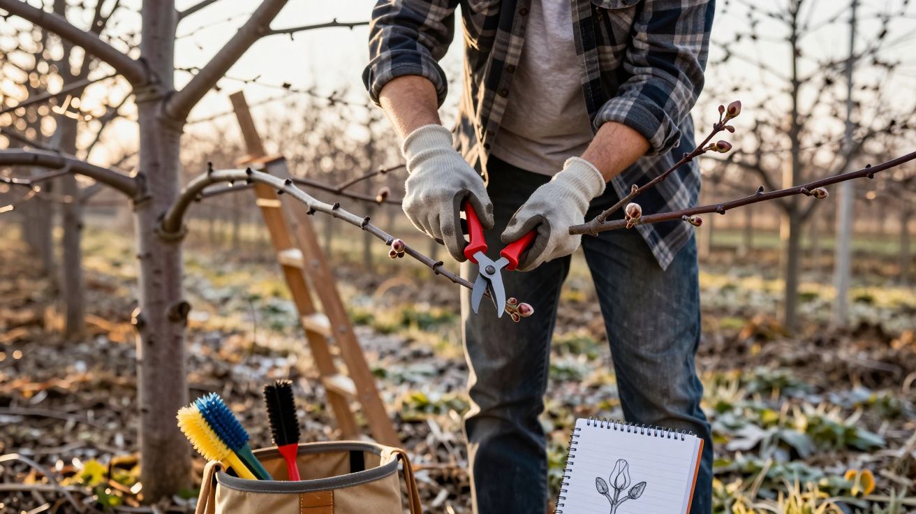 Personne taillant une branche d'arbre en fleurs dans un verger au lever du soleil.