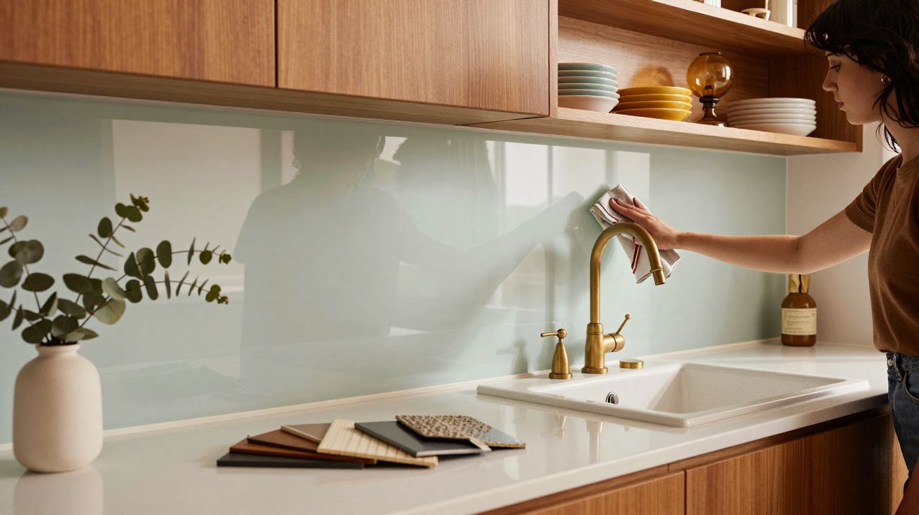 Personne nettoyant un robinet doré dans une cuisine moderne avec crédence en verre vert pâle.