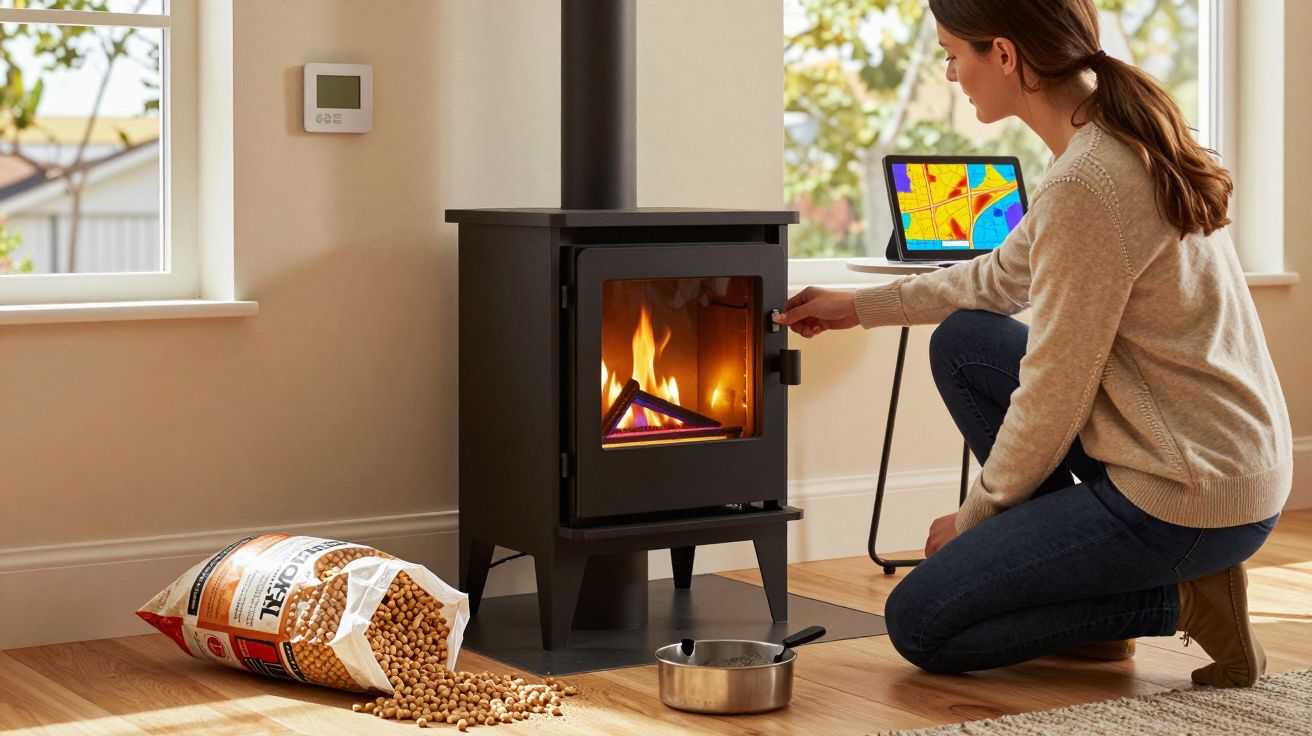Femme allumant un poêle à bois dans un salon avec sac de pellets et ordinateur portable en arrière-plan.
