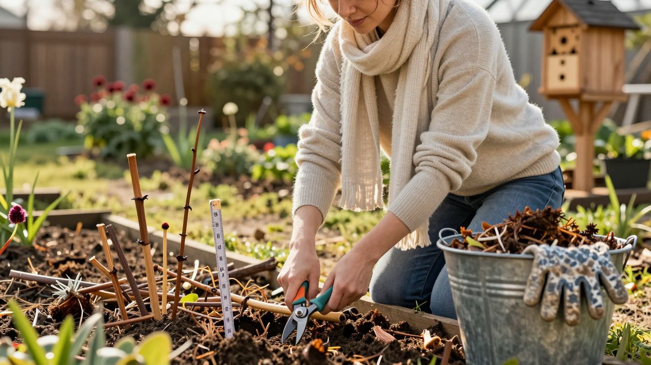 Femme en pull et foulard taillant des branches dans un jardin au soleil avec un seau métallique à côté.