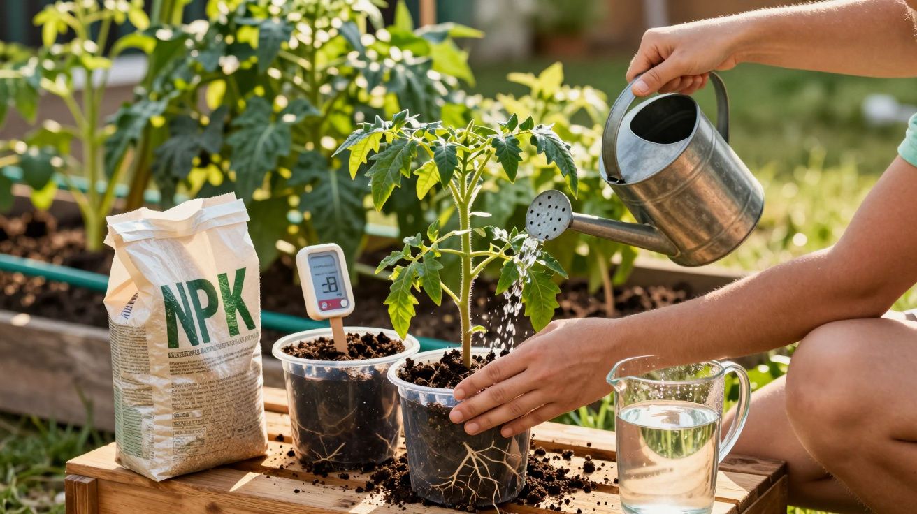Personne arrosant un jeune plant de tomate en pot à côté d'un sac d'engrais NPK et d'un thermomètre.