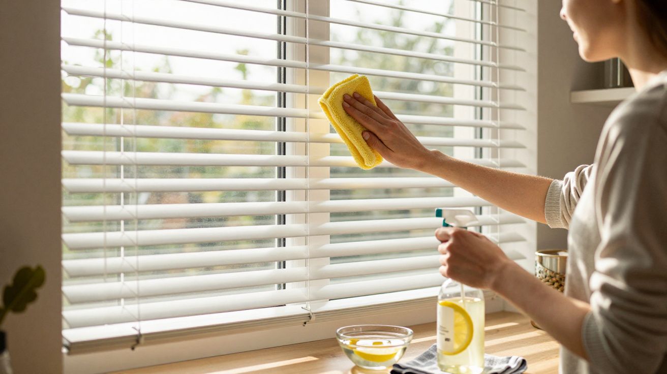 Personne nettoyant des stores blancs avec un chiffon jaune et un spray à citron près d'une fenêtre.