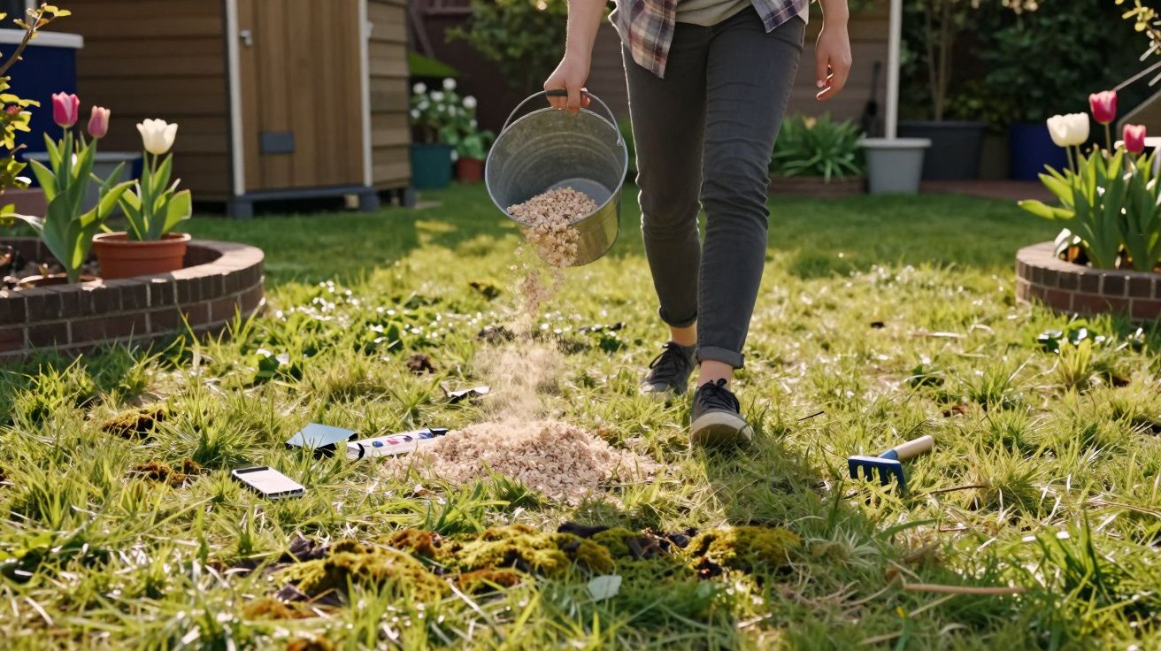 Personne versant de la sciure depuis un seau sur une pelouse pour jardinage au printemps.