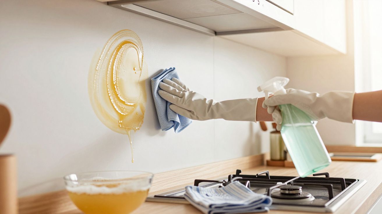Main gantée nettoyant une éclaboussure de sauce sur la crédence de cuisine avec un chiffon bleu.