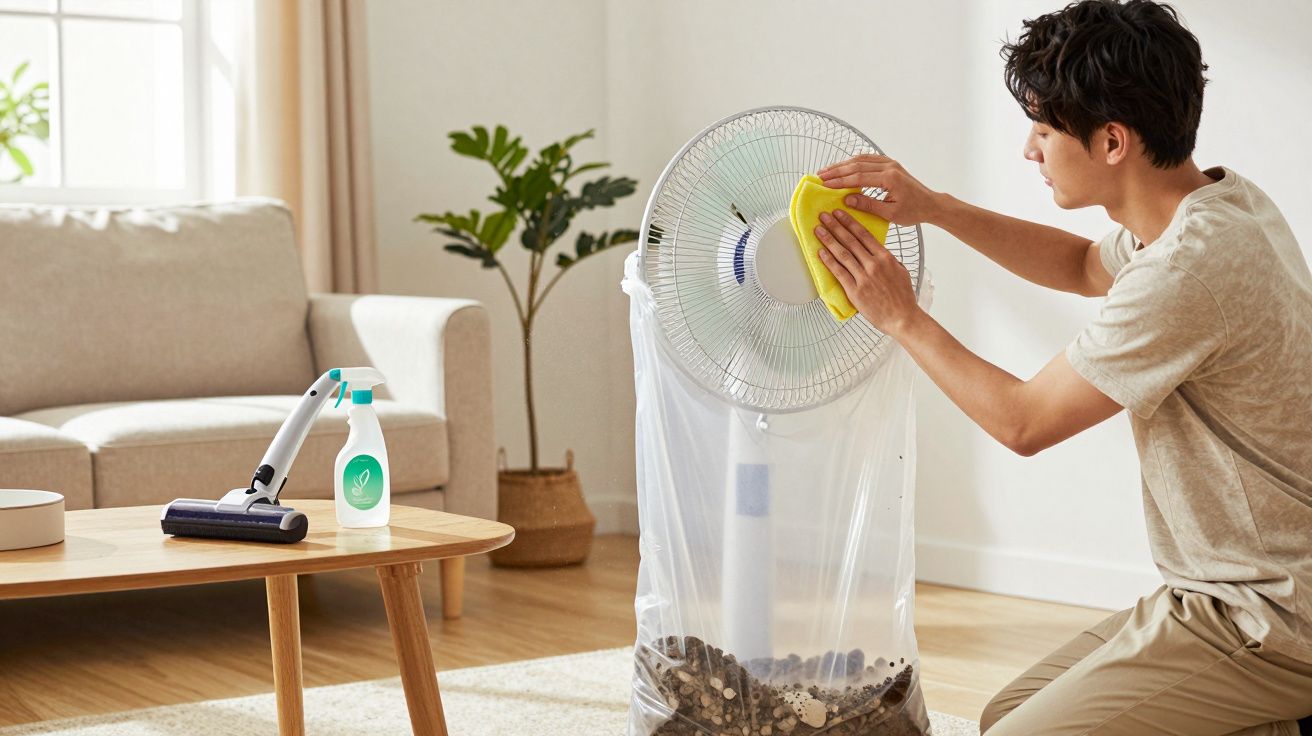 Un homme nettoie un ventilateur couvert d’un sac plastique rempli de débris dans un salon lumineux.