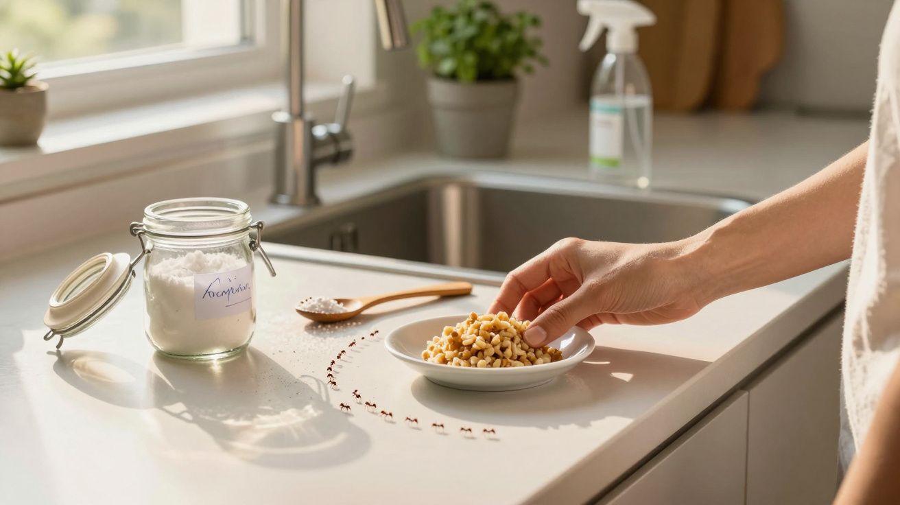 Main prenant des graines dans une assiette près d’un bocal de bicarbonate sur un plan de travail lumineux.
