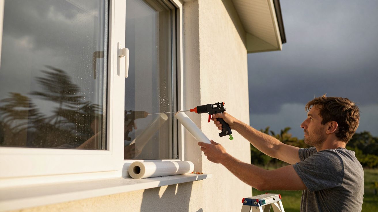 Homme utilisant un pistolet à calfeutrer pour isoler une fenêtre extérieure d'une maison par temps nuageux.