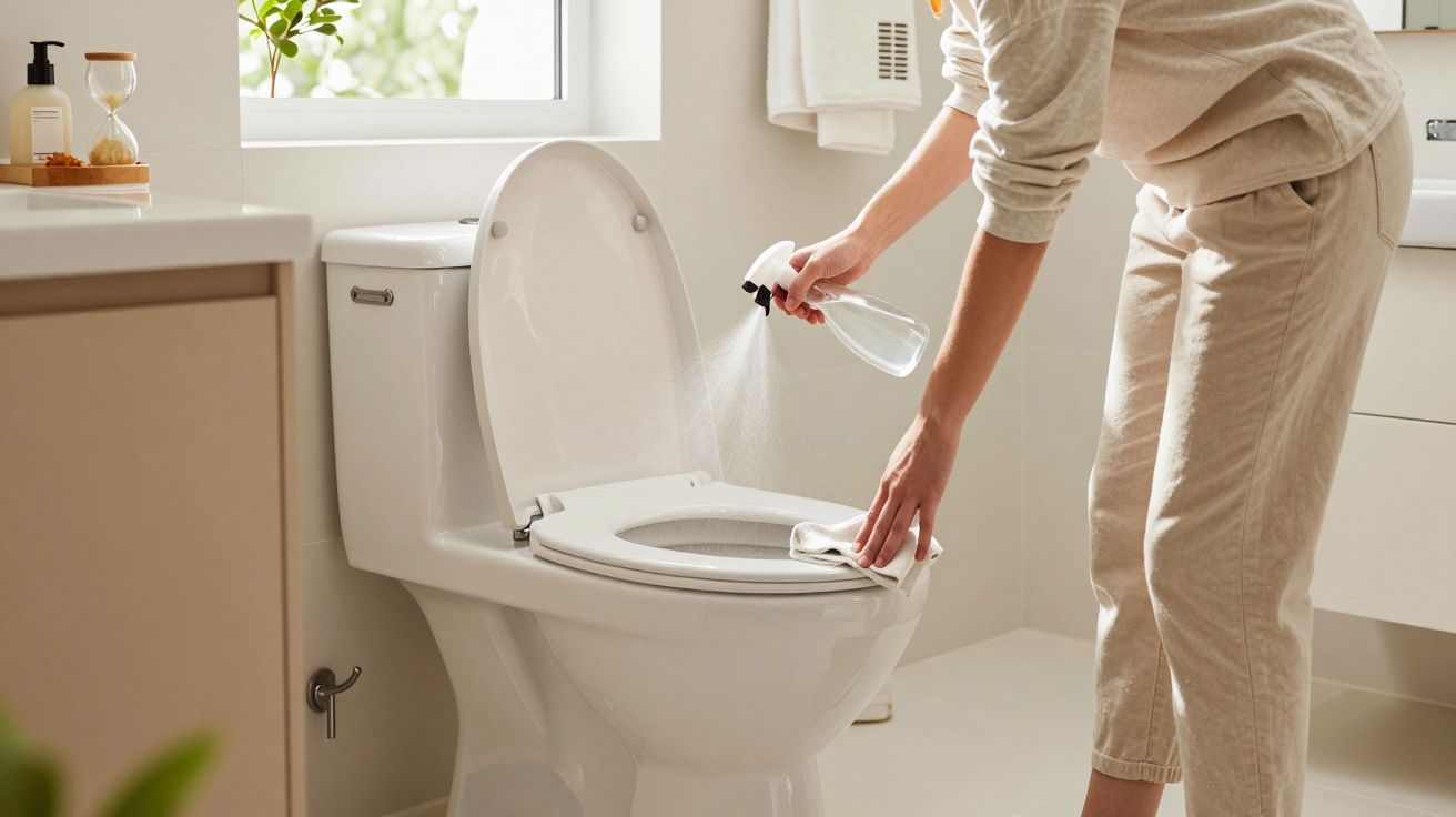 Personne nettoyant désinfectant la cuvette des toilettes dans une salle de bain lumineuse.