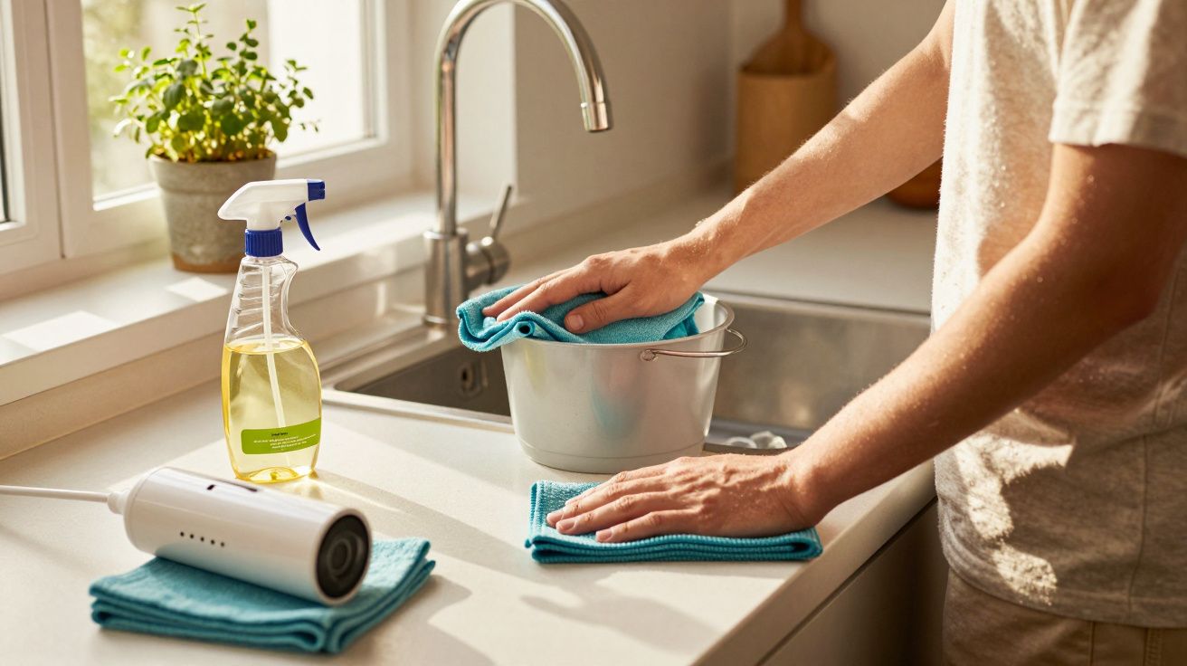 Personne nettoyant un évier de cuisine avec un chiffon bleu et un spray de nettoyage sur le plan de travail.