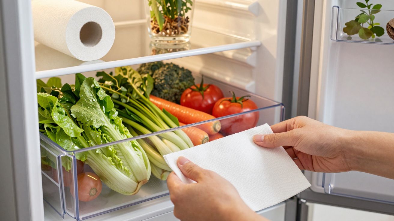 Main tenant une serviette en papier devant un tiroir de réfrigérateur rempli de légumes frais.