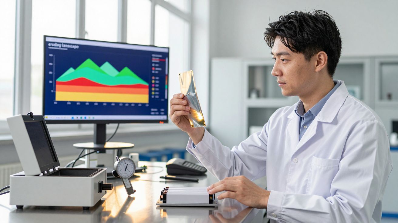 Chercheur en blouse blanche examine une plaque réfléchissante dans un laboratoire moderne avec écran graphique en arrière-pla