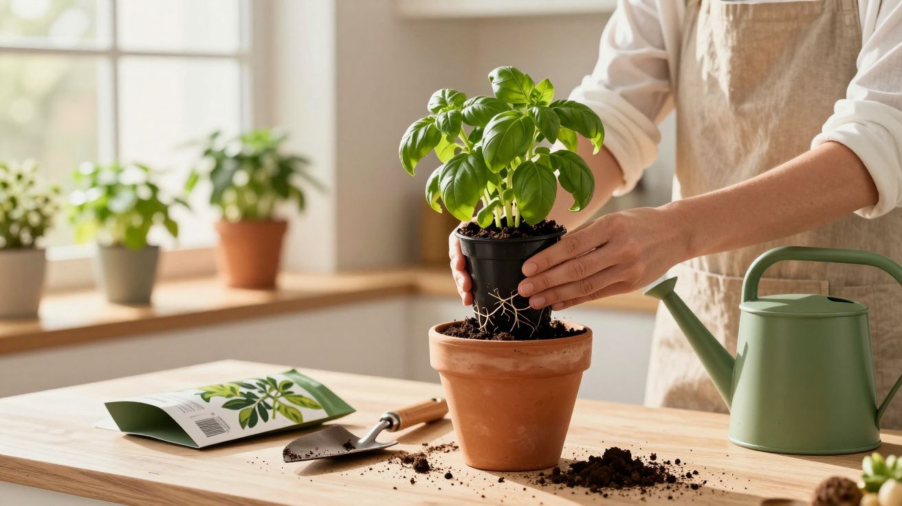 Personne rempotant une plante de basilic sur une table avec un arrosoir et un outil de jardinage.