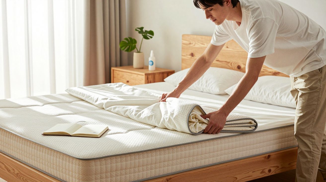 Homme pliant une couette blanche sur un lit en bois clair dans une chambre lumineuse et épurée.