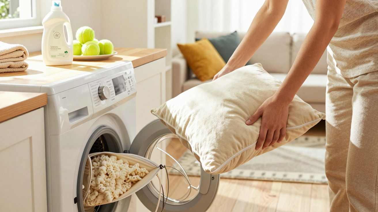Personne plaçant un coussin dans une laveuse à chargement frontal dans une pièce lumineuse et moderne.