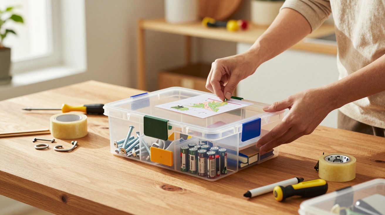 Boîte en plastique transparente contenant piles, vis, et outils sur une table en bois avec une main posant un dessin dessus.