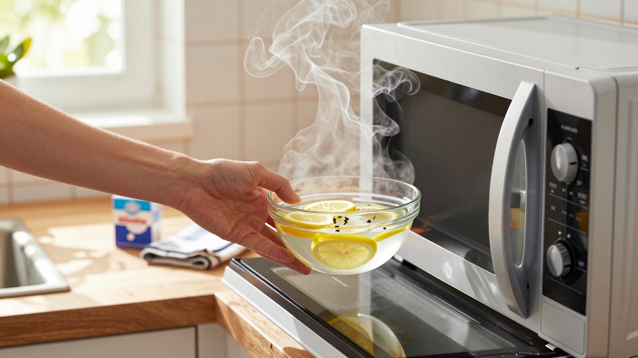 Main tenant un bol en verre fumant avec des tranches de citron devant un four micro-ondes ouvert.