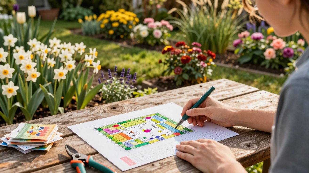 Personne dessinant un plan de jardin coloré sur une table en bois dans un jardin fleuri.