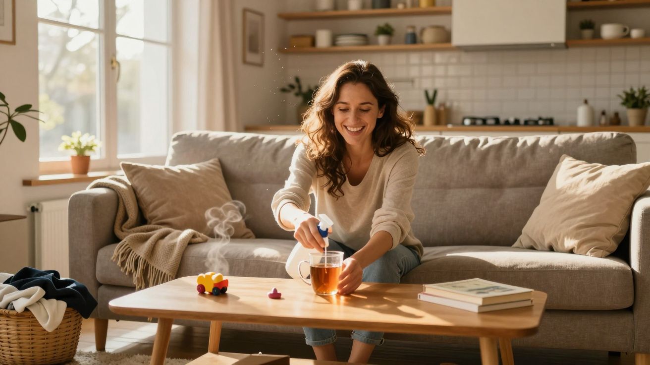 Femme souriante versant du miel dans une tasse de thé chaud dans un salon lumineux et cosy.