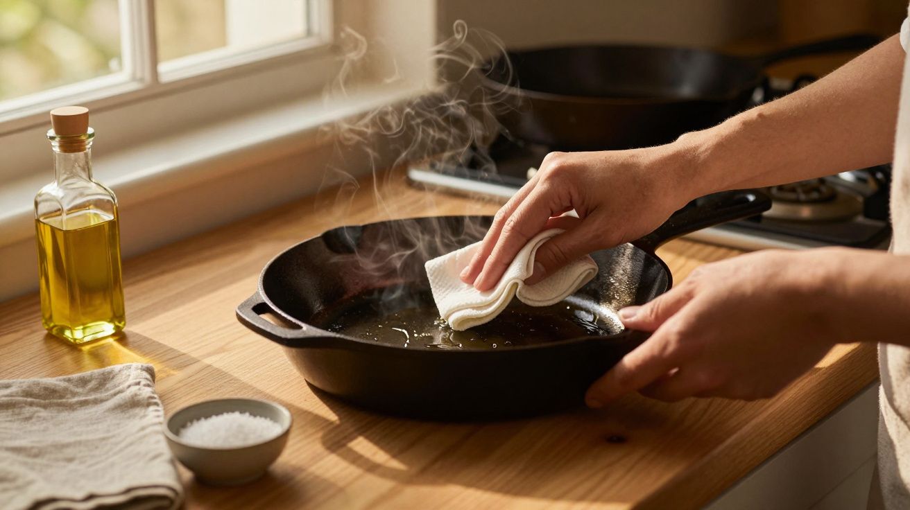 Mains essuyant une poêle chaude fumante sur un plan de travail en bois près d'une bouteille d'huile et du sel.