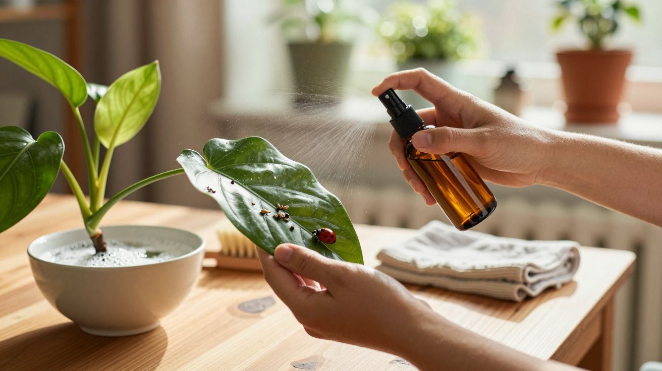Main aspergeant un feuillage vert abritant une coccinelle avec un spray dans un intérieur lumineux.