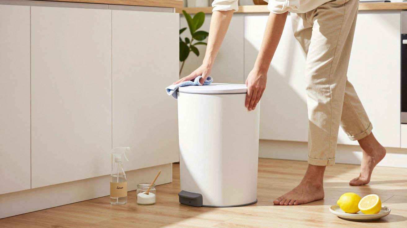 Personne nettoyant le dessus d'une poubelle blanche avec un chiffon dans une cuisine lumineuse.