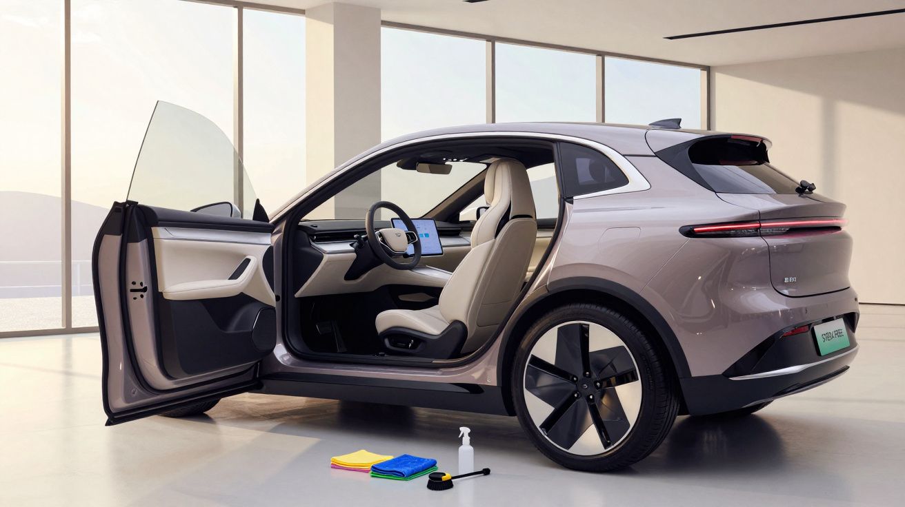 SUV électrique gris clair garé avec la porte conducteur ouverte, intérieur beige et équipement de nettoyage au sol.