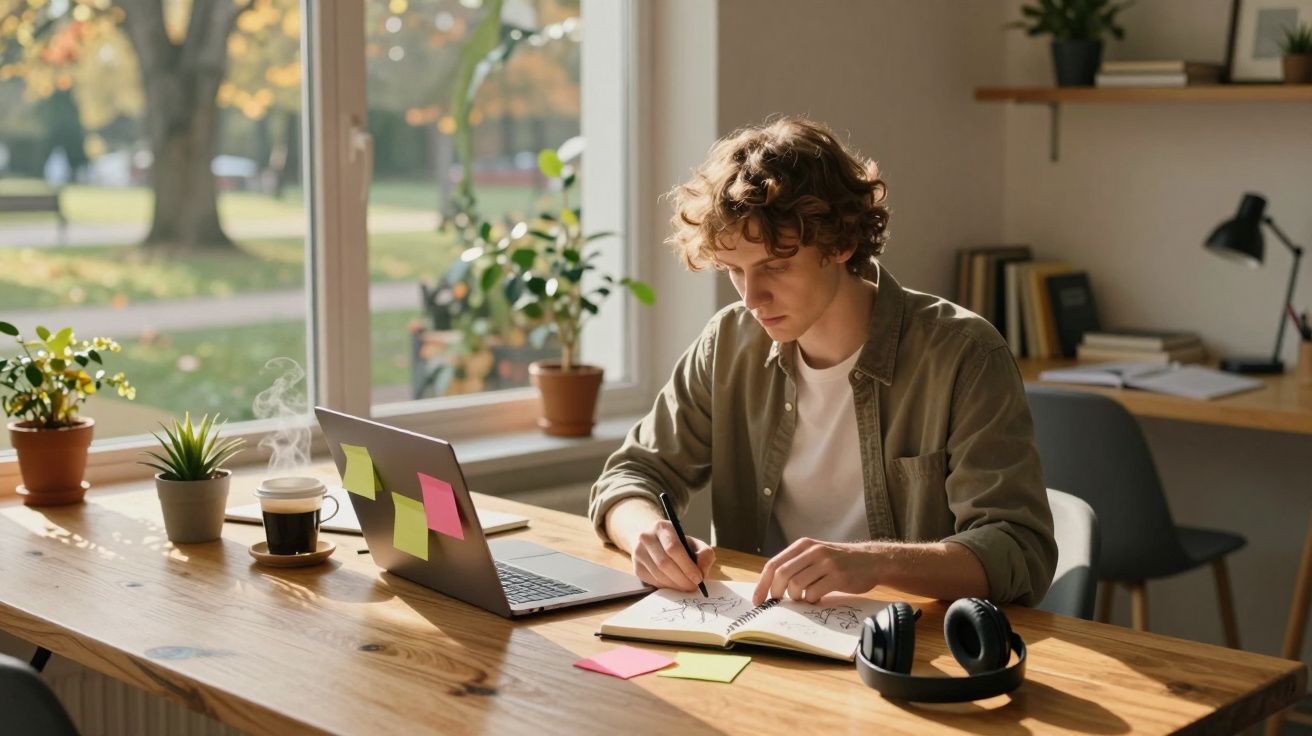 Jeune homme concentré dessinant dans un carnet devant un ordinateur portable sur une table en bois près d'une fenêtre.