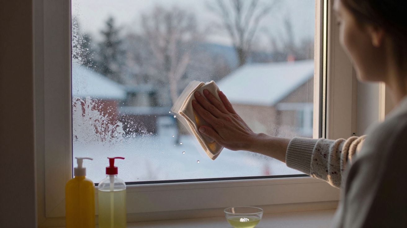 Une personne nettoie la vitre d'une fenêtre avec un chiffon par temps neigeux à l'extérieur.