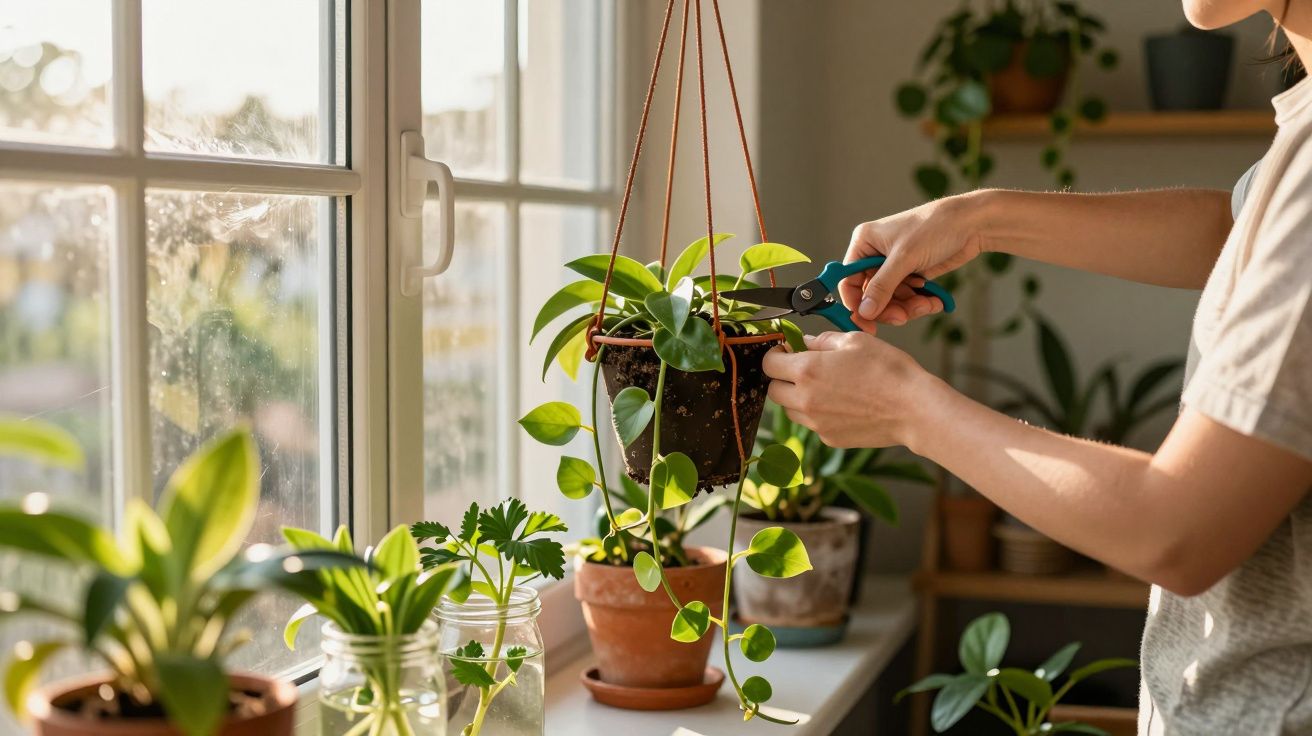 Personne taillant une plante suspendue près d'une fenêtre avec plusieurs autres plantes en pot sur un rebord.