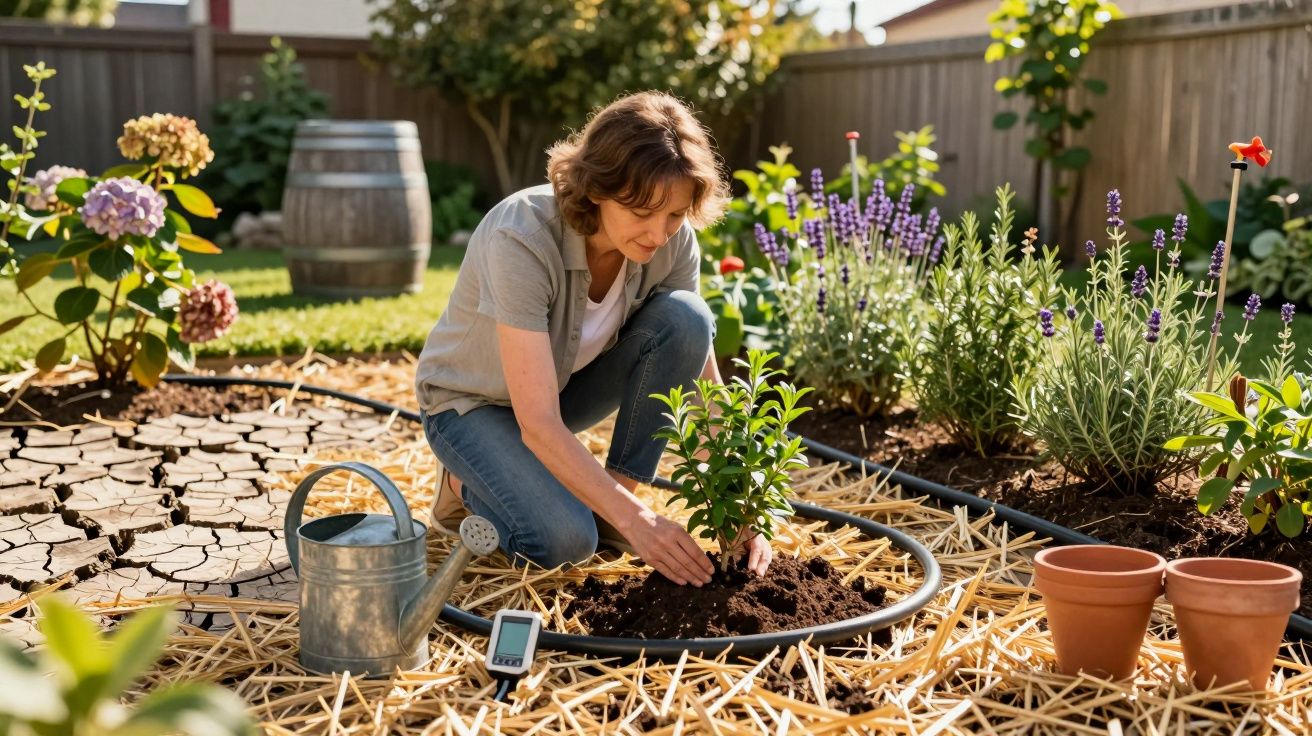 Femme plantant un arbuste dans un jardin avec arrosoir, pots vides, et plantes en fleurs autour.