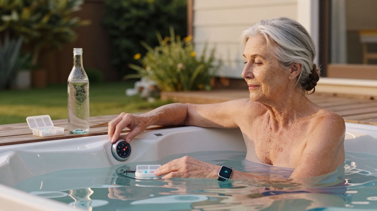 Femme âgée détendue dans un jacuzzi réglant la température avec un distributeur de médicaments et une bouteille à côté.
