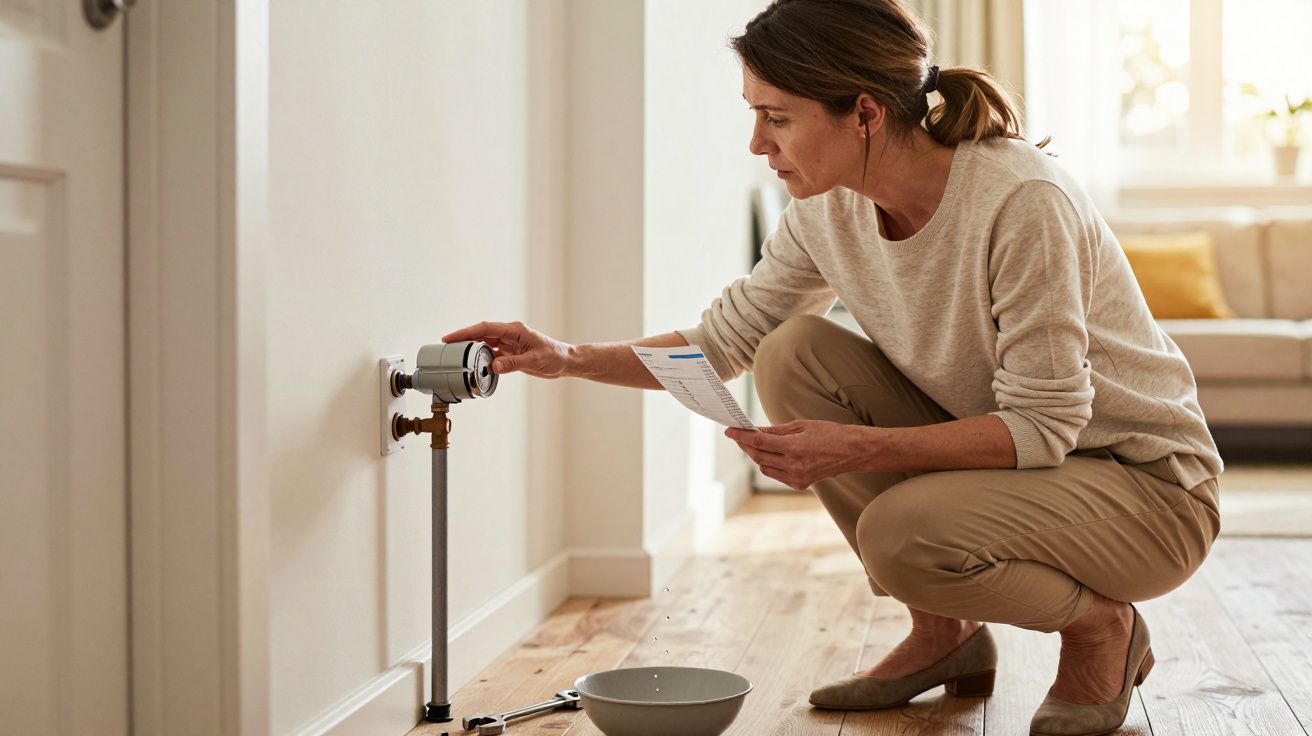 Femme vérifiant un compteur d'eau dans un couloir, tenant un document et un bol sous la tuyauterie.