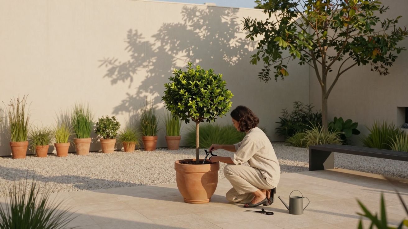 Femme jardinant un petit arbuste en pot dans une cour avec plusieurs plantes en arrière-plan.