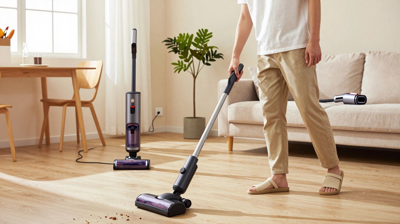 Personne passant l'aspirateur sans fil sur un sol en bois clair dans un salon lumineux.