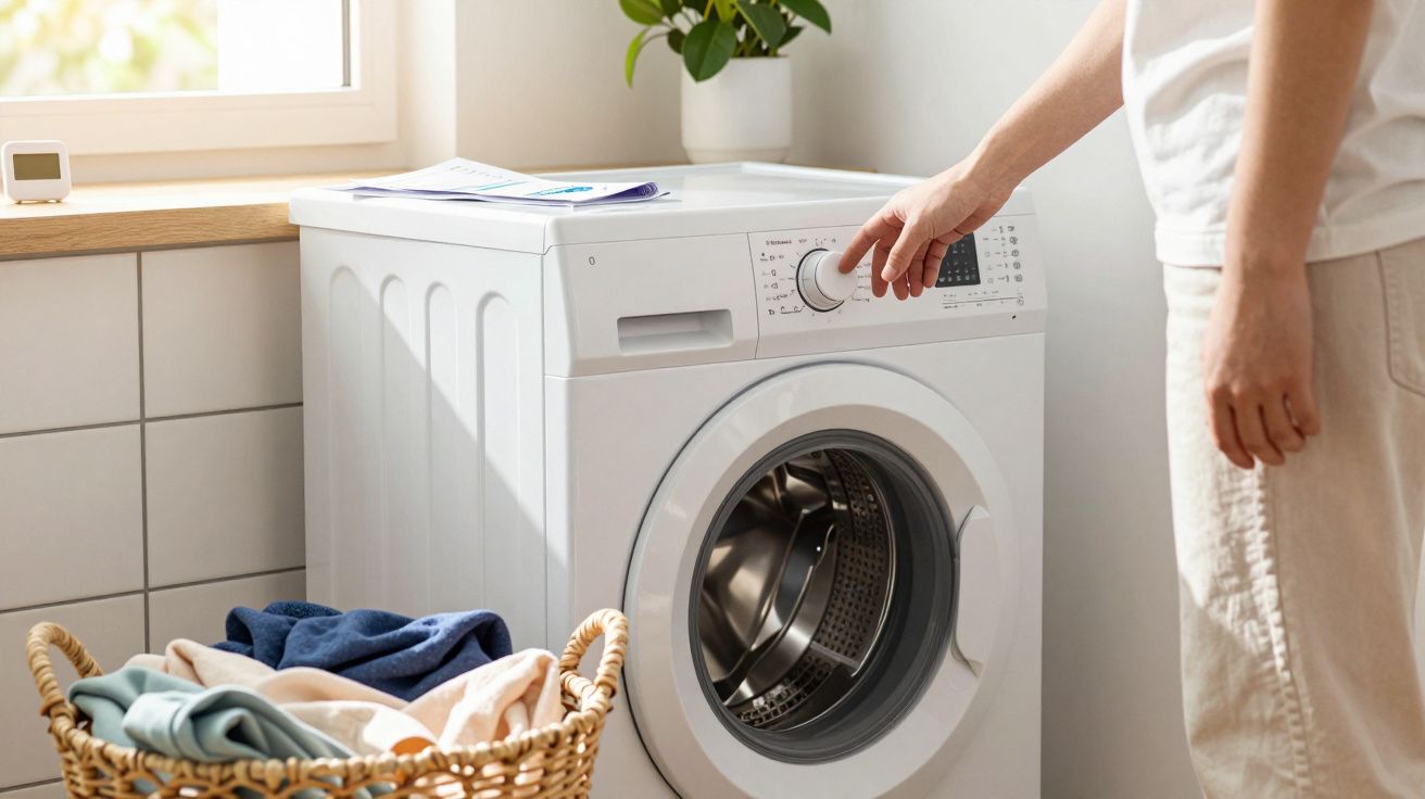 Une personne règle le programme d'une machine à laver blanche avec panier de linge à côté.