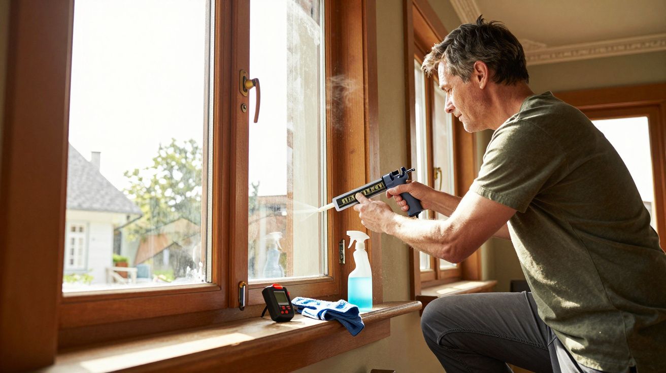 Un homme applique du mastic blanc autour d’une fenêtre en bois dans une maison lumineuse.