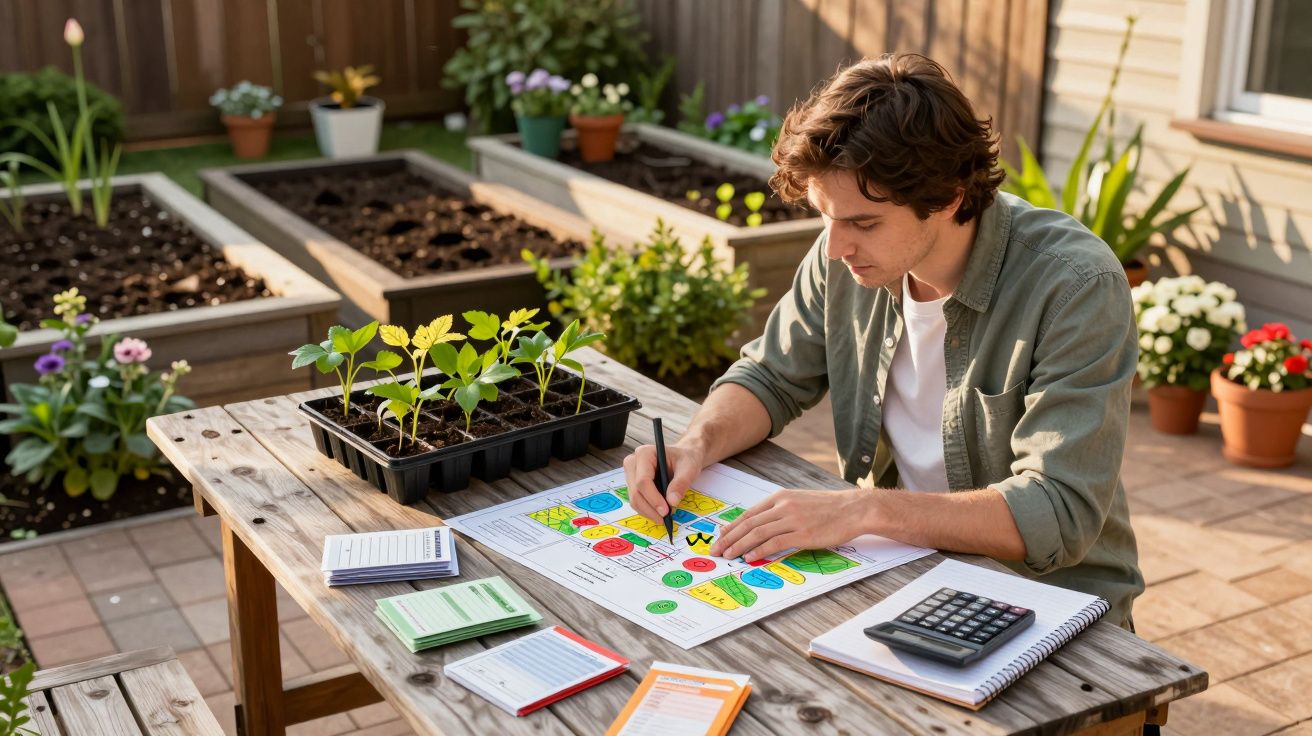 Homme planifiant un jardin sur une feuille colorée à une table en bois, avec jeunes plantes et outils de jardinage.