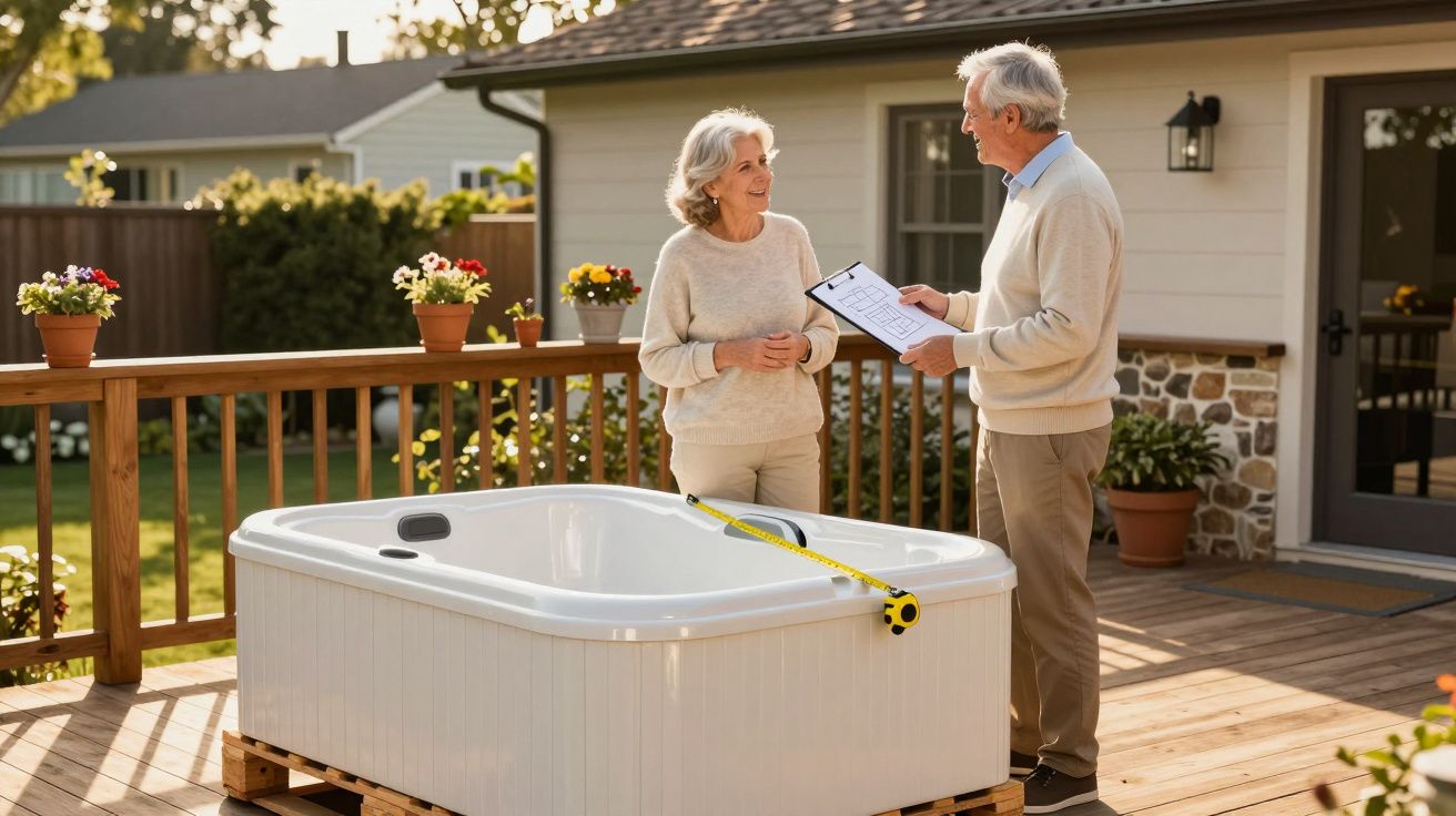 Un couple de personnes âgées discute près d’un jacuzzi sur une terrasse en bois ensoleillée.