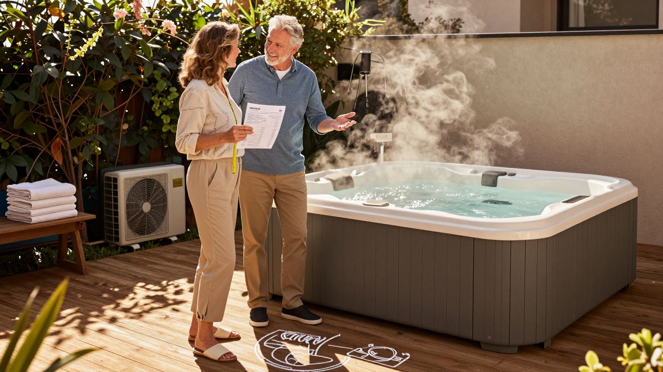 Un homme et une femme discutent près d'un spa extérieur en fonctionnement sur une terrasse ensoleillée.