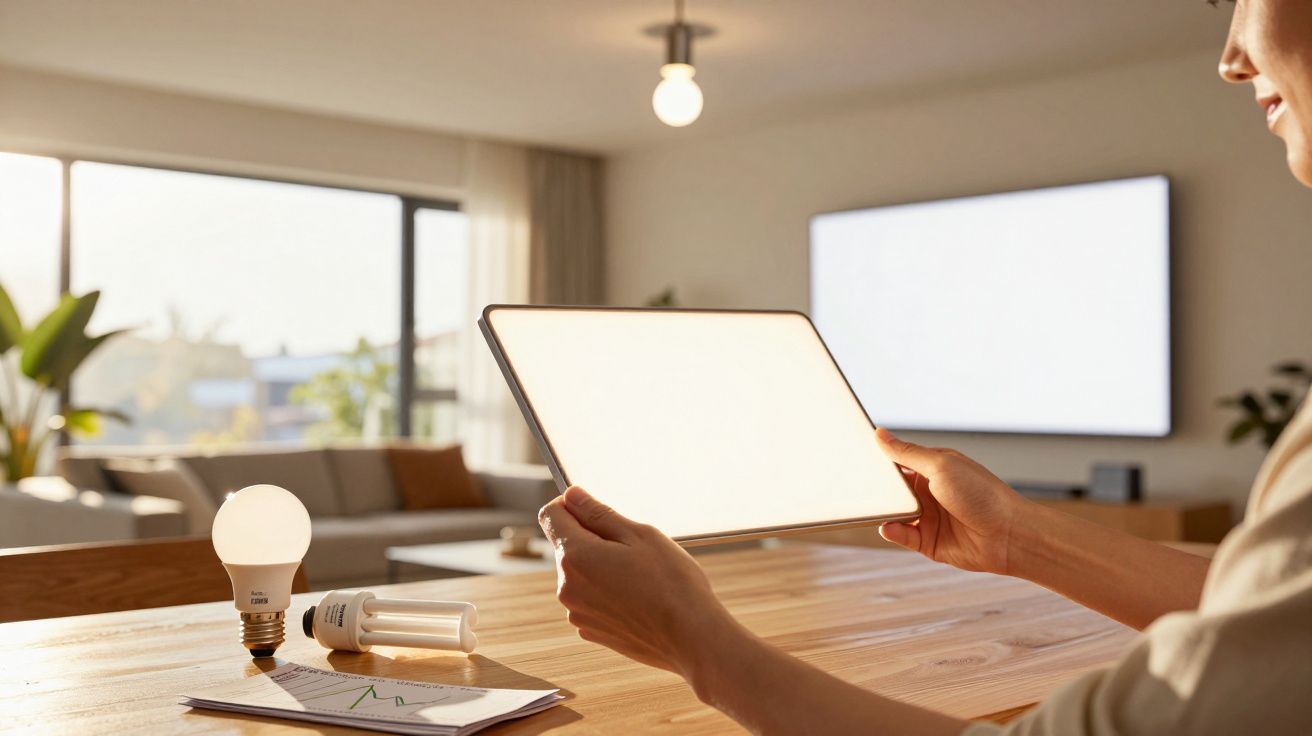 Personne tenant une tablette lumineuse dans un salon moderne avec ampoules et documents sur la table en bois.