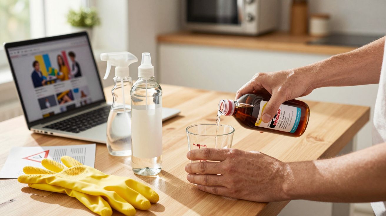 Une personne verse un médicament dans un verre, sur une table avec gants jaunes, sprays et ordinateur portable.