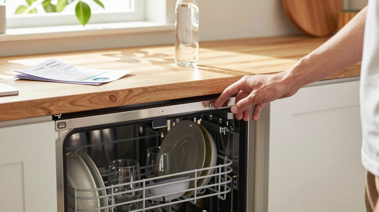 Une personne ouvre un lave-vaisselle encastré rempli d'assiettes et de verres dans une cuisine lumineuse.