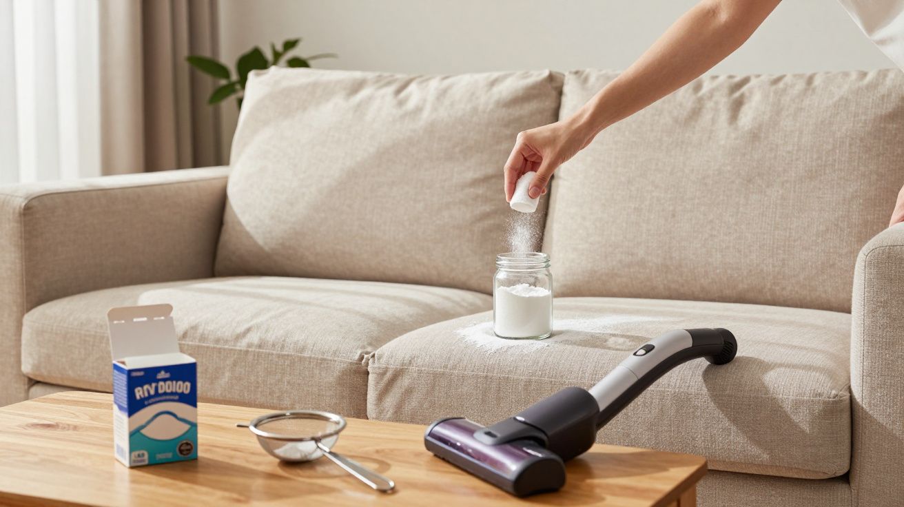 Main saupoudrant du bicarbonate de soude sur un canapé beige avec un aspirateur sans fil sur une table en bois.