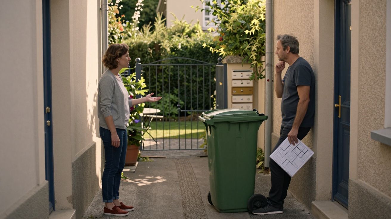 Deux personnes discutant devant une porte d'entrée dans une allée étroite avec une poubelle verte.