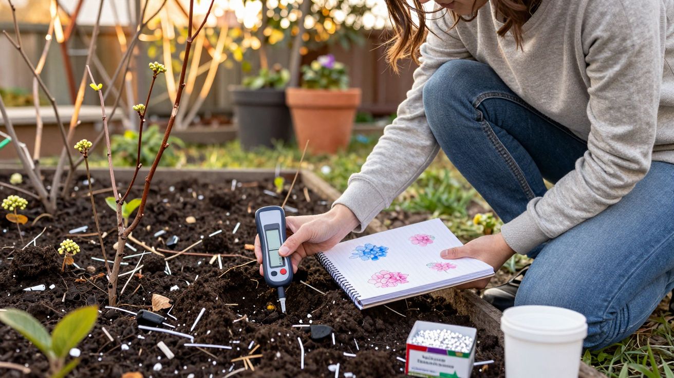 Femme en sweat et jean mesurant l’humidité du sol d’un potager avec un carnet de notes et des échantillons.