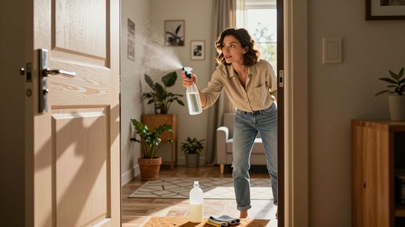 Femme vaporisant un spray nettoyant sur un mur dans un salon lumineux avec plantes et meubles en bois.